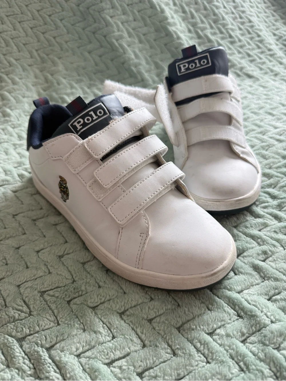 Polo by Ralph Lauren White Kids Velcro Sneakers with Navy Trim